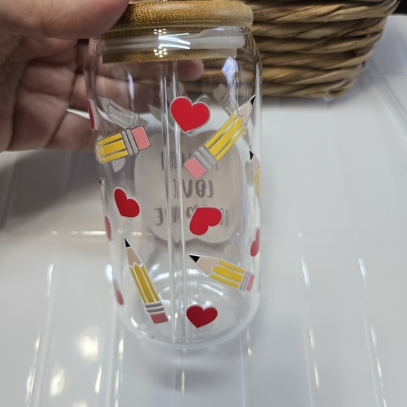 Red Apple Glass Tumbler with Bamboo Lid With Glass Straw Teacher - Picture 2 of 2